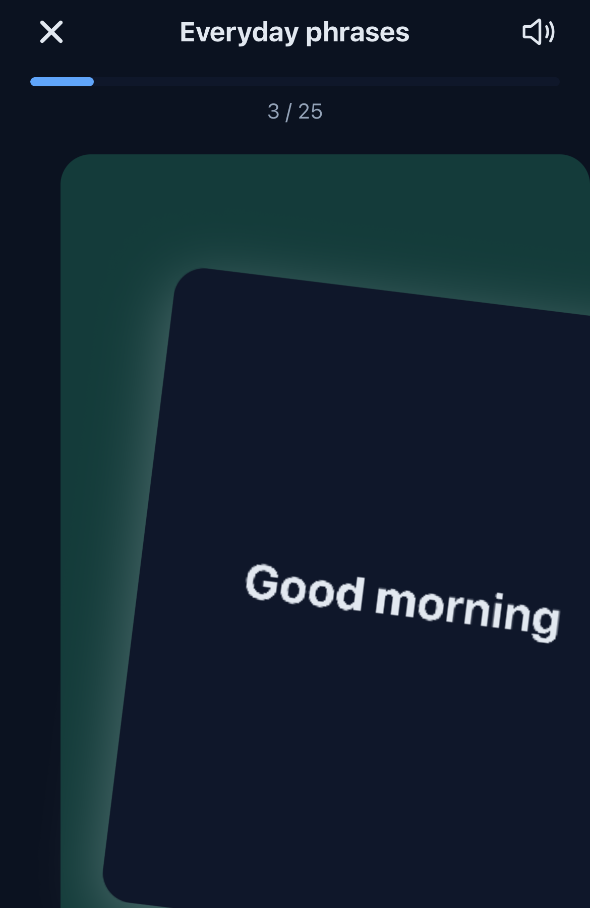 Flashcard study deck showing an everyday phrase card with progress through the deck.