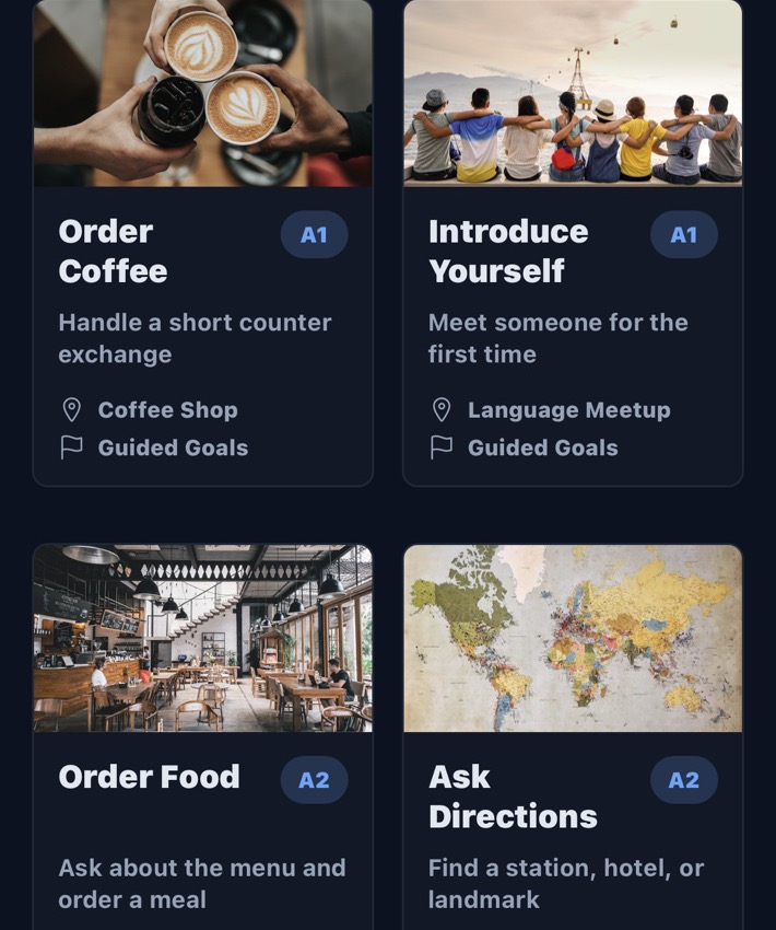 Roleplay scenario screen showing Urdu practice situations such as Order Coffee and Ask Directions.